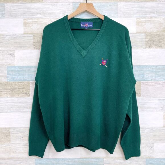 POLO Ralph Lauren Pure Cashmere Sweater Dark Green Golf Shield Logo VTG Mens XL - Picture 1 of 6